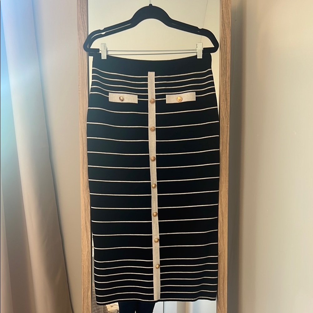 Black and White Striped Button-Front Skirt